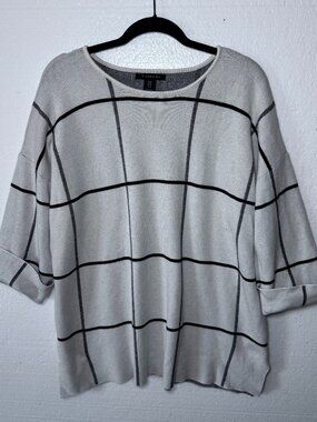 Tahari Womens Plus Size 1X Window Pane Plaid Soft Sweater 3/4 Sleeve Pullover